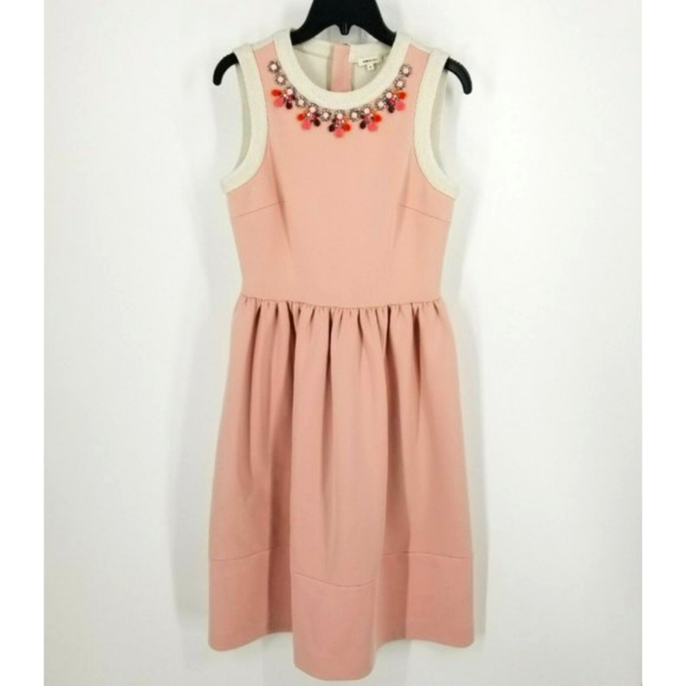 Manoush Pink White Mesh Embellished Scuba Dress Size 6 Rhinestones Fit Flare